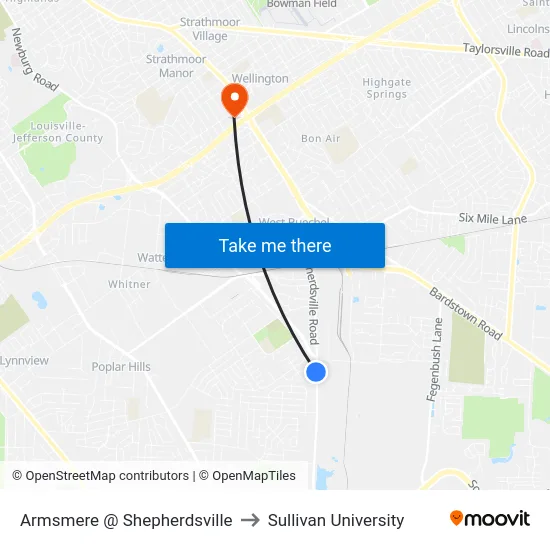 Armsmere @ Shepherdsville to Sullivan University map