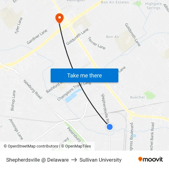 Shepherdsville @ Delaware to Sullivan University map