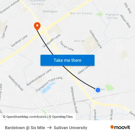 Bardstown @ Six Mile to Sullivan University map
