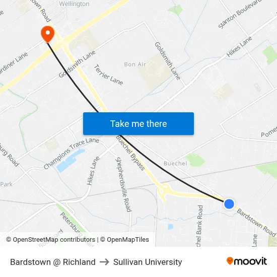 Bardstown @ Richland to Sullivan University map