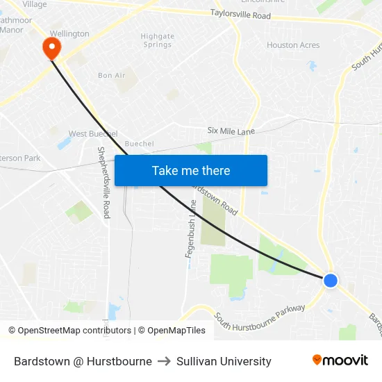 Bardstown @ Hurstbourne to Sullivan University map