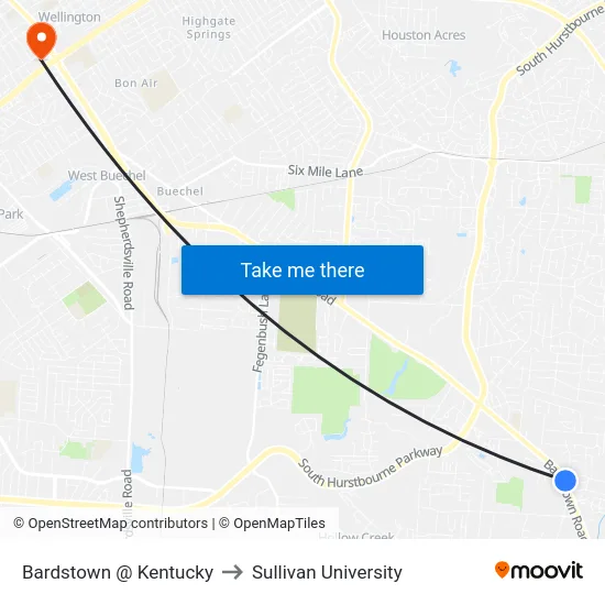 Bardstown @ Kentucky to Sullivan University map
