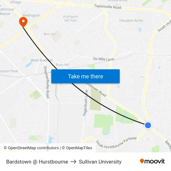 Bardstown @ Hurstbourne to Sullivan University map