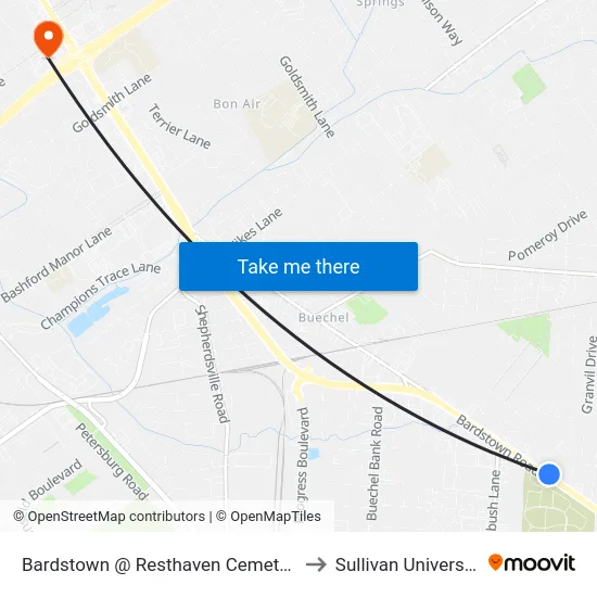 Bardstown @ Resthaven Cemetary to Sullivan University map
