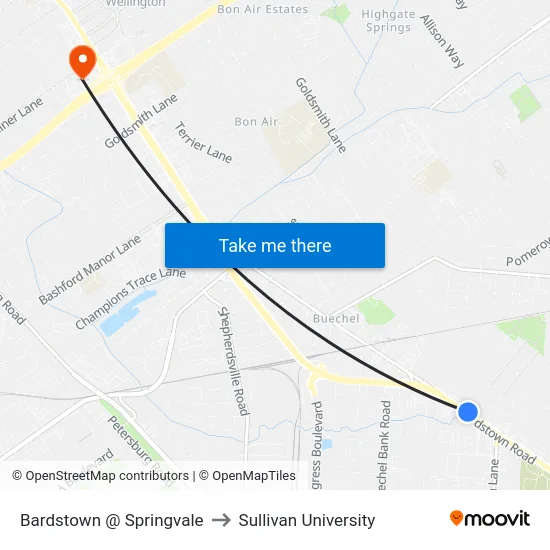 Bardstown @ Springvale to Sullivan University map