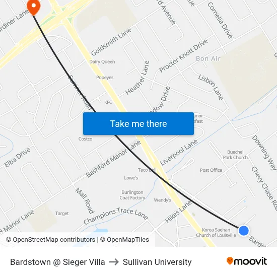 Bardstown @ Sieger Villa to Sullivan University map