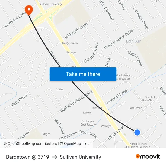 Bardstown @ 3719 to Sullivan University map
