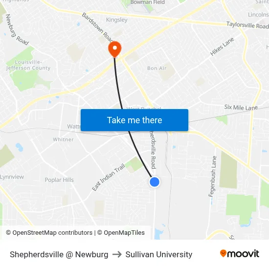 Shepherdsville @ Newburg to Sullivan University map