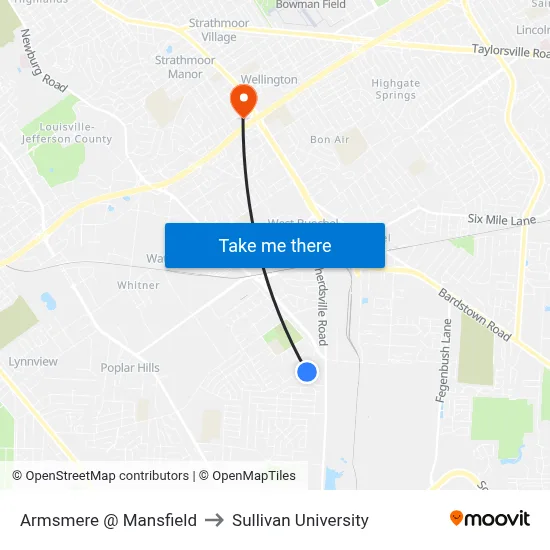 Armsmere @ Mansfield to Sullivan University map