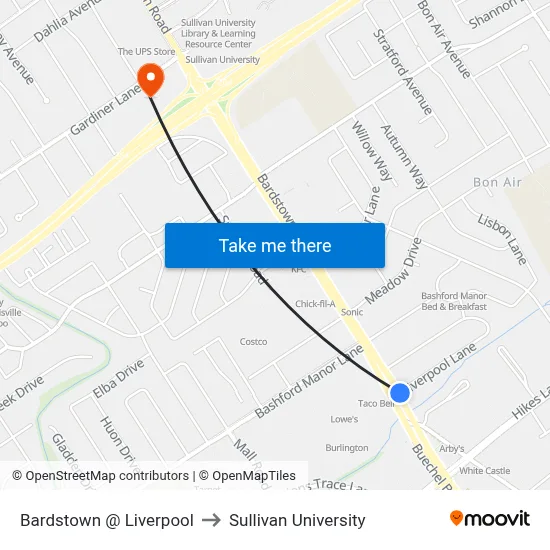 Bardstown @ Liverpool to Sullivan University map