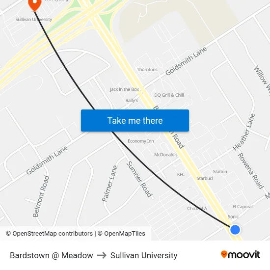 Bardstown @ Meadow to Sullivan University map