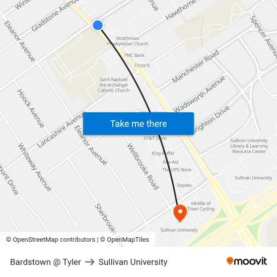Bardstown @ Tyler to Sullivan University map