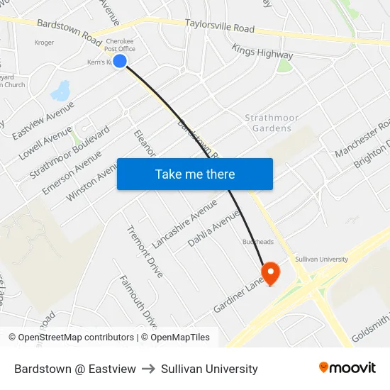 Bardstown @ Eastview to Sullivan University map