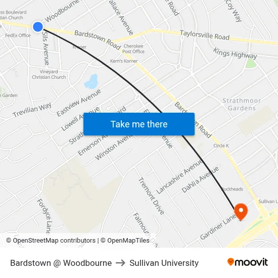 Bardstown @ Woodbourne to Sullivan University map