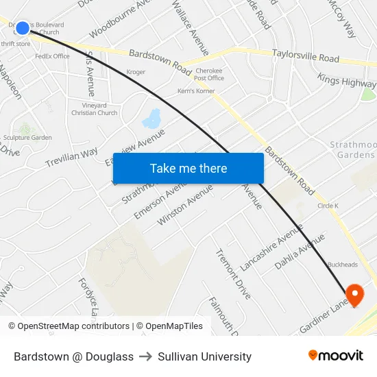 Bardstown @ Douglass to Sullivan University map