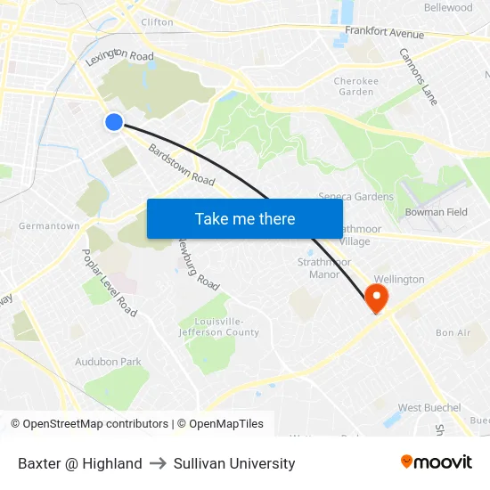 Baxter @ Highland to Sullivan University map