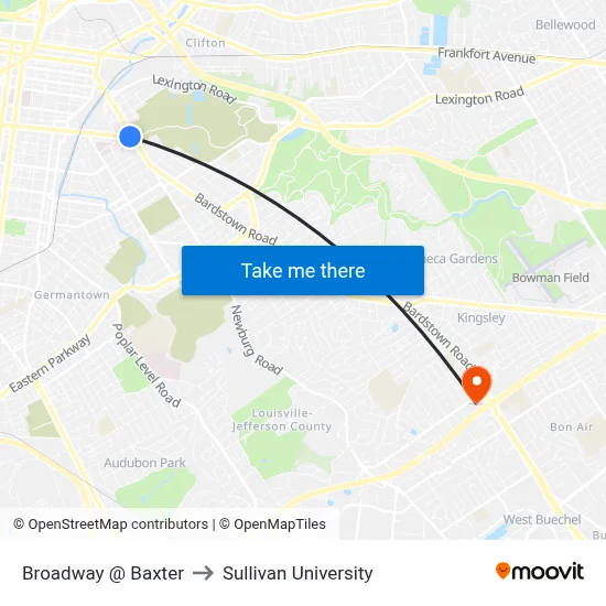 Broadway @ Baxter to Sullivan University map
