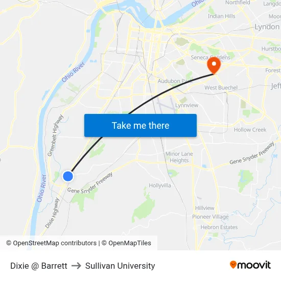 Dixie @ Barrett to Sullivan University map