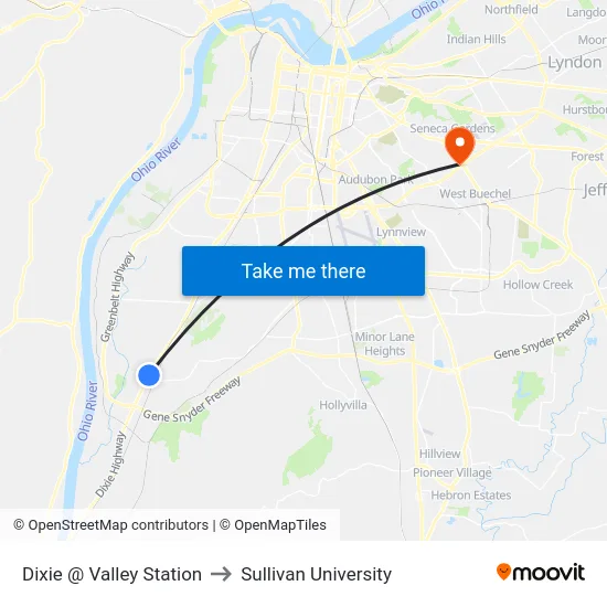 Dixie @ Valley Station to Sullivan University map