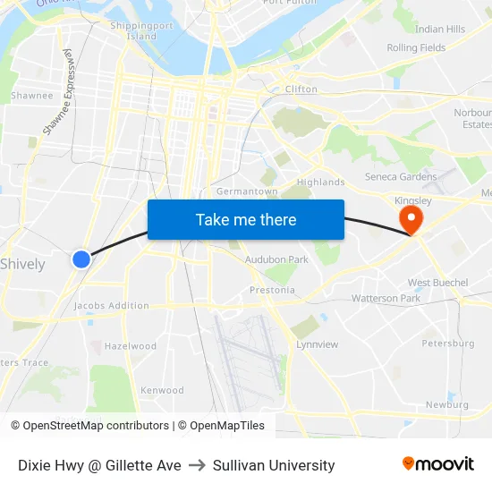 Dixie Hwy @ Gillette Ave to Sullivan University map
