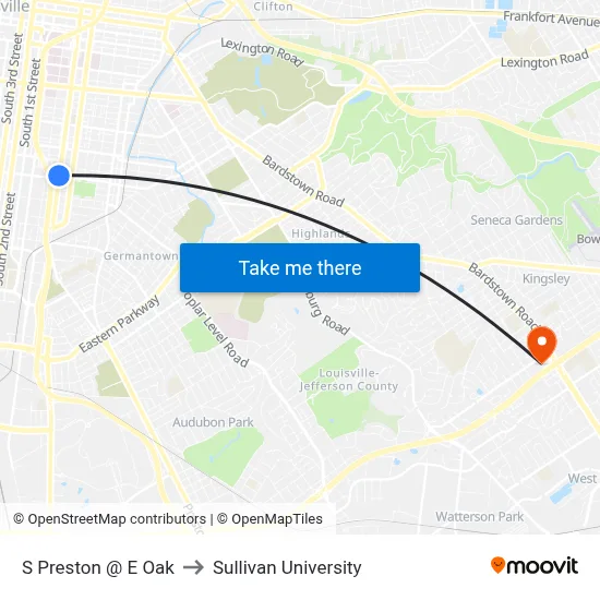 S Preston @ E Oak to Sullivan University map