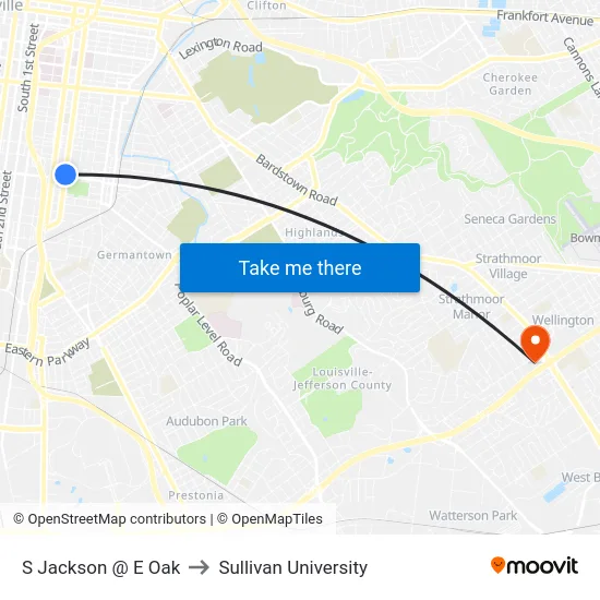 S Jackson @ E Oak to Sullivan University map