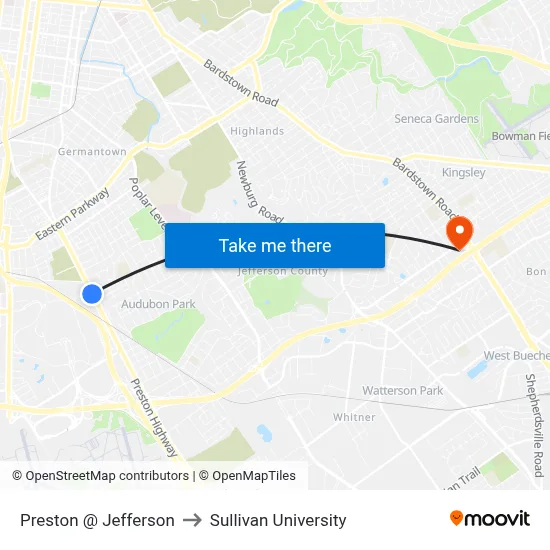 Preston @ Jefferson to Sullivan University map