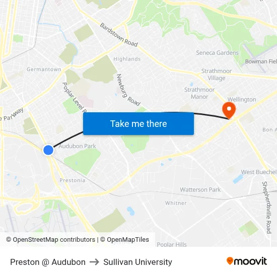 Preston @ Audubon to Sullivan University map