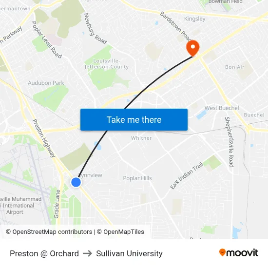 Preston @ Orchard to Sullivan University map