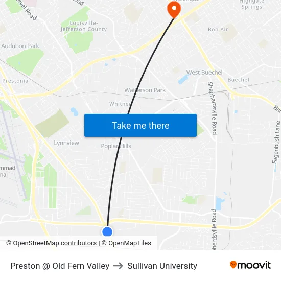 Preston @ Old Fern Valley to Sullivan University map