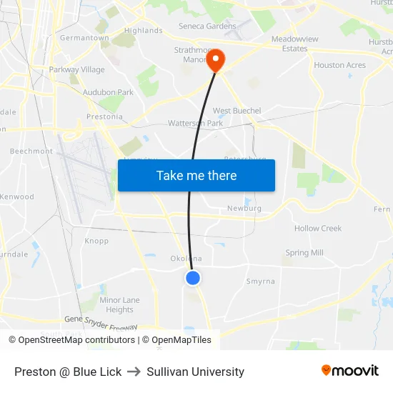 Preston @ Blue Lick to Sullivan University map