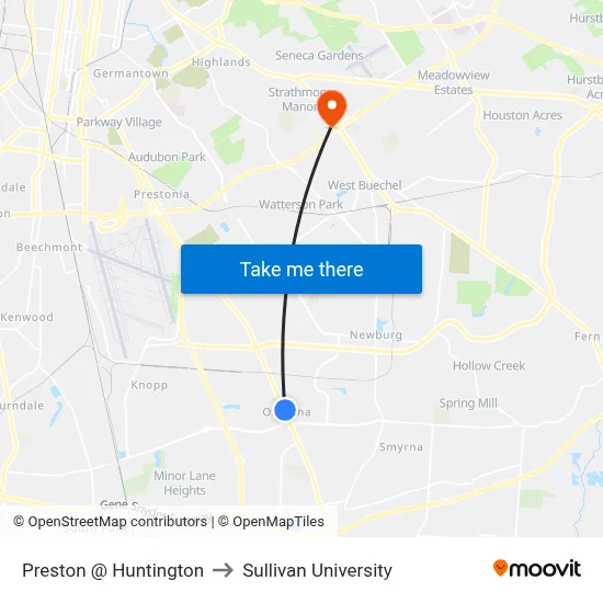 Preston @ Huntington to Sullivan University map