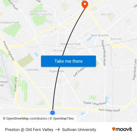 Preston @ Old Fern Valley to Sullivan University map