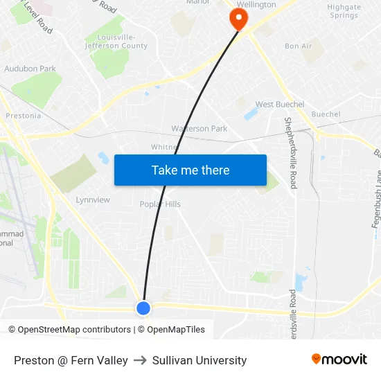 Preston @ Fern Valley to Sullivan University map