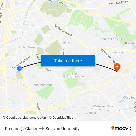 Preston @ Clarks to Sullivan University map