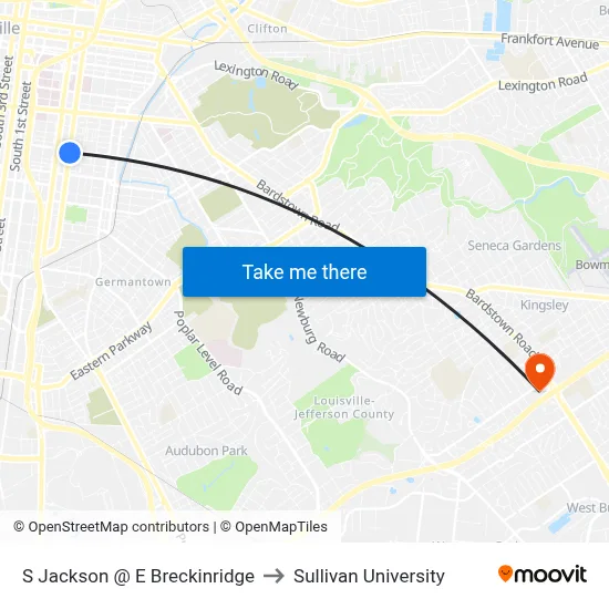 S Jackson @ E Breckinridge to Sullivan University map