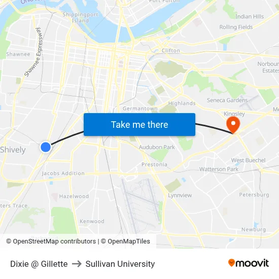Dixie @ Gillette to Sullivan University map