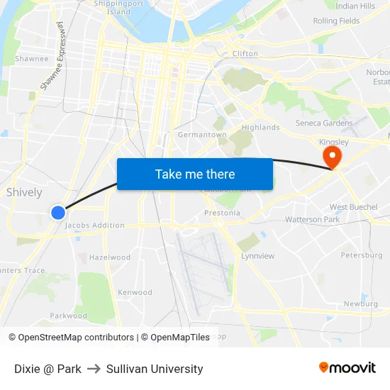 Dixie @ Park to Sullivan University map