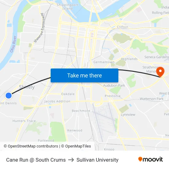 Cane Run @ South Crums to Sullivan University map