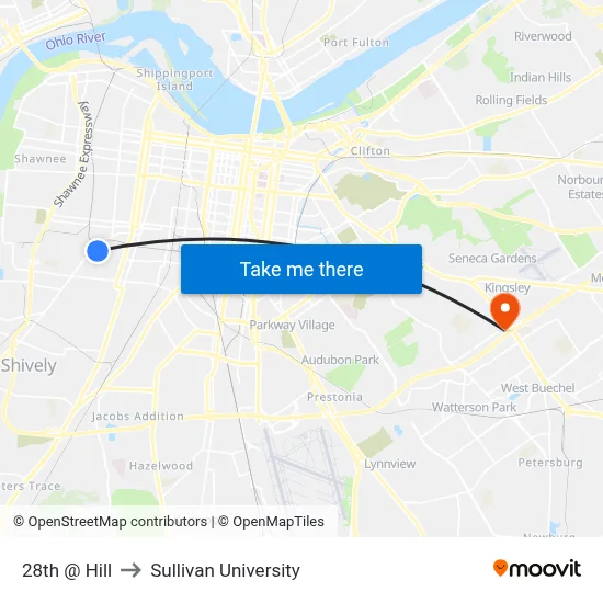 28th @ Hill to Sullivan University map