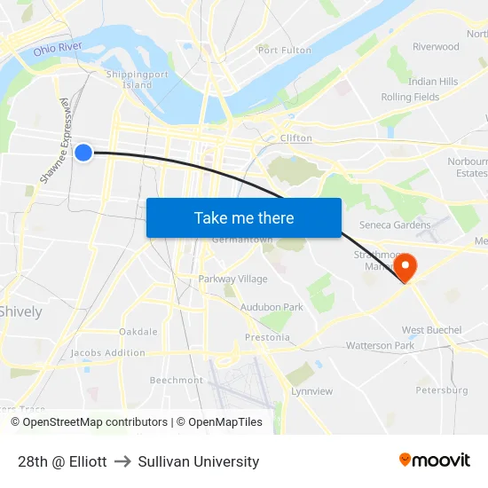 28th @ Elliott to Sullivan University map