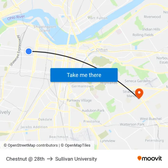 Chestnut @ 28th to Sullivan University map