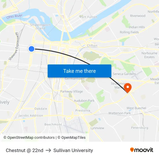 Chestnut @ 22nd to Sullivan University map