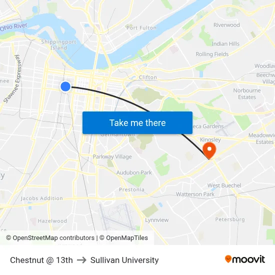 Chestnut @ 13th to Sullivan University map