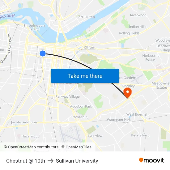Chestnut @ 10th to Sullivan University map