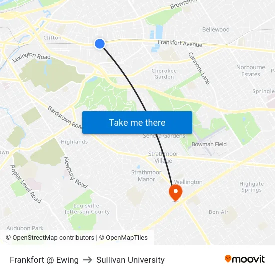 Frankfort @ Ewing to Sullivan University map