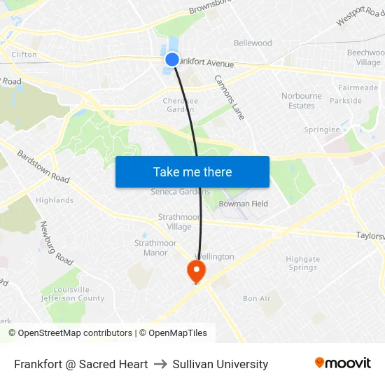 Frankfort @ Sacred Heart to Sullivan University map
