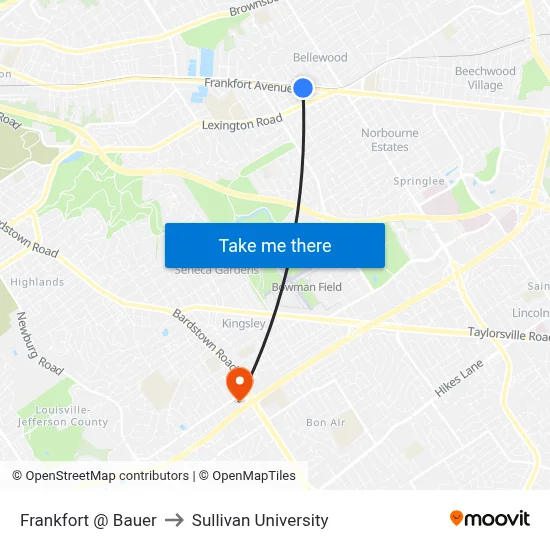Frankfort @ Bauer to Sullivan University map