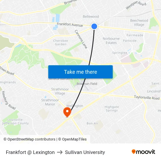 Frankfort @ Lexington to Sullivan University map