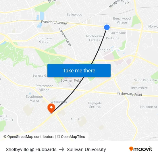 Shelbyville @ Hubbards to Sullivan University map